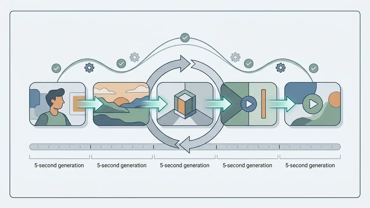 Linear sequence of five interconnected video clips linked by arrows and a central circular process icon
