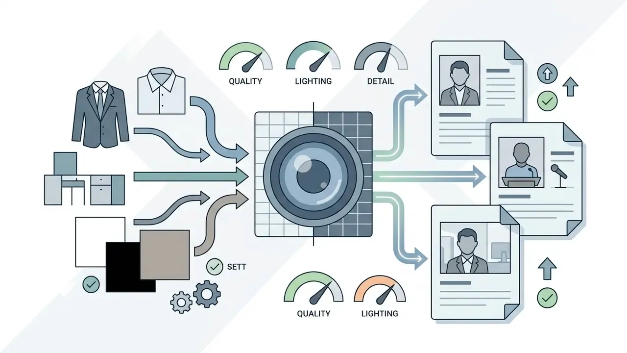 Visual representation of professional portrait customization options flowing into a central processing hub