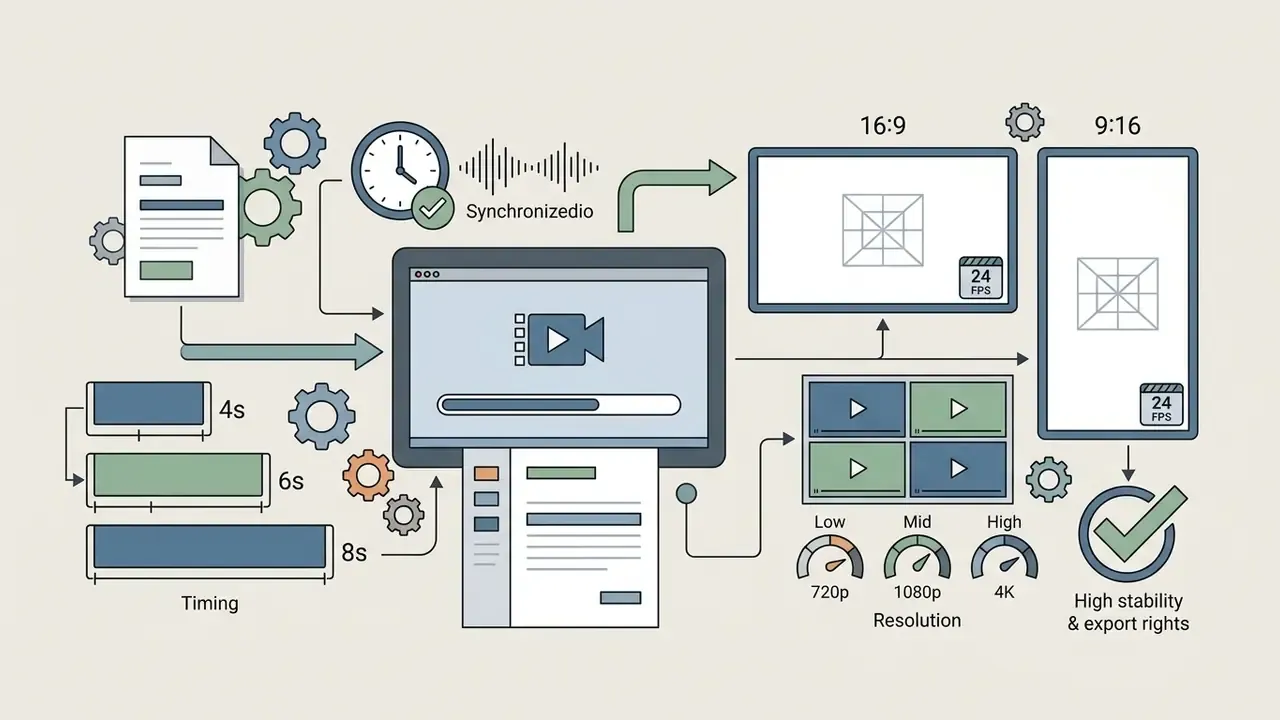Diagram showing video generation workflows including duration, aspect ratios, and resolution settings