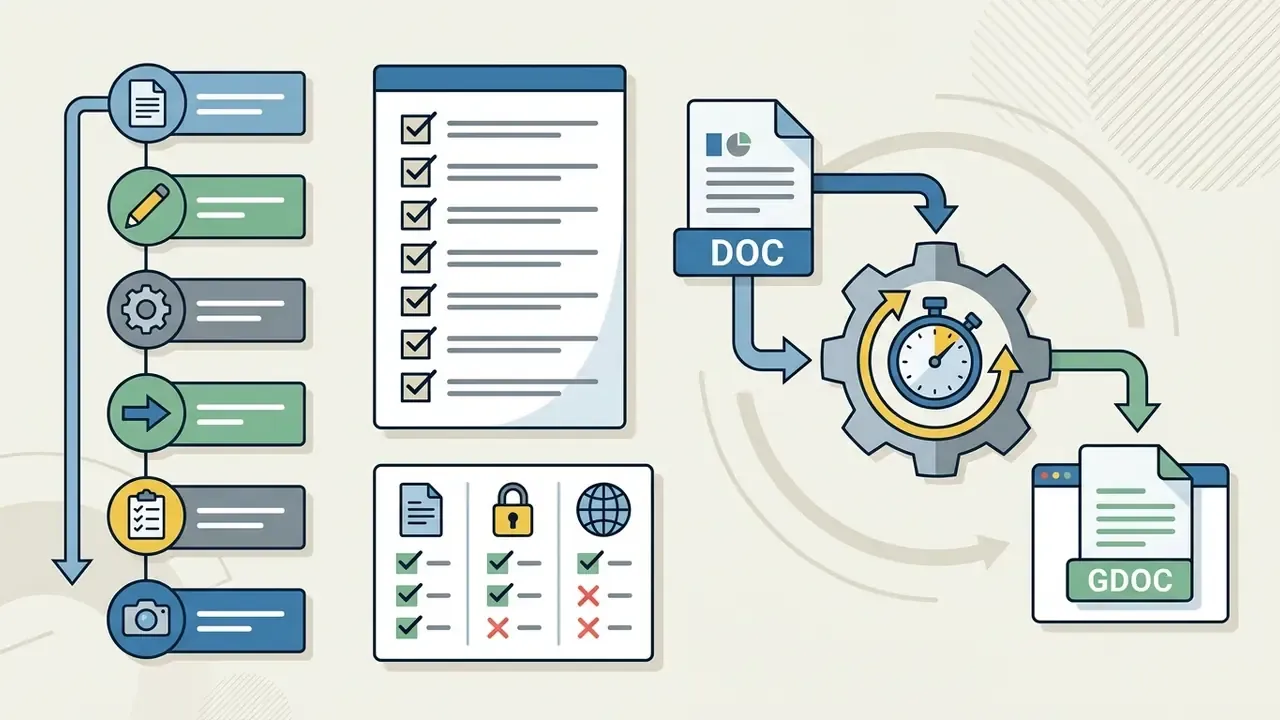 Workflow steps, a checklist, and a gear mechanism converting a document into a Google Doc format