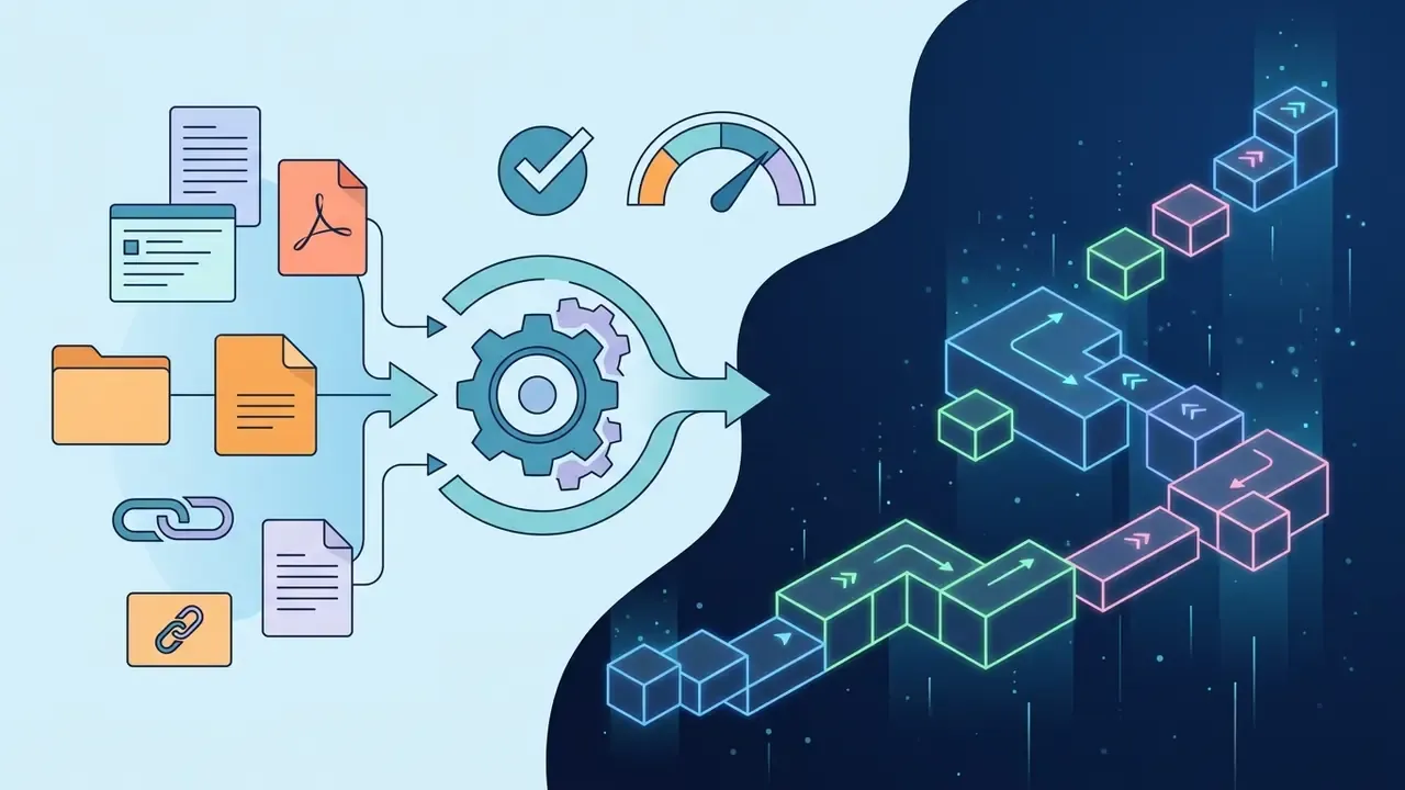 Various documents and links feeding into a gear processor that outputs neon block parkour paths