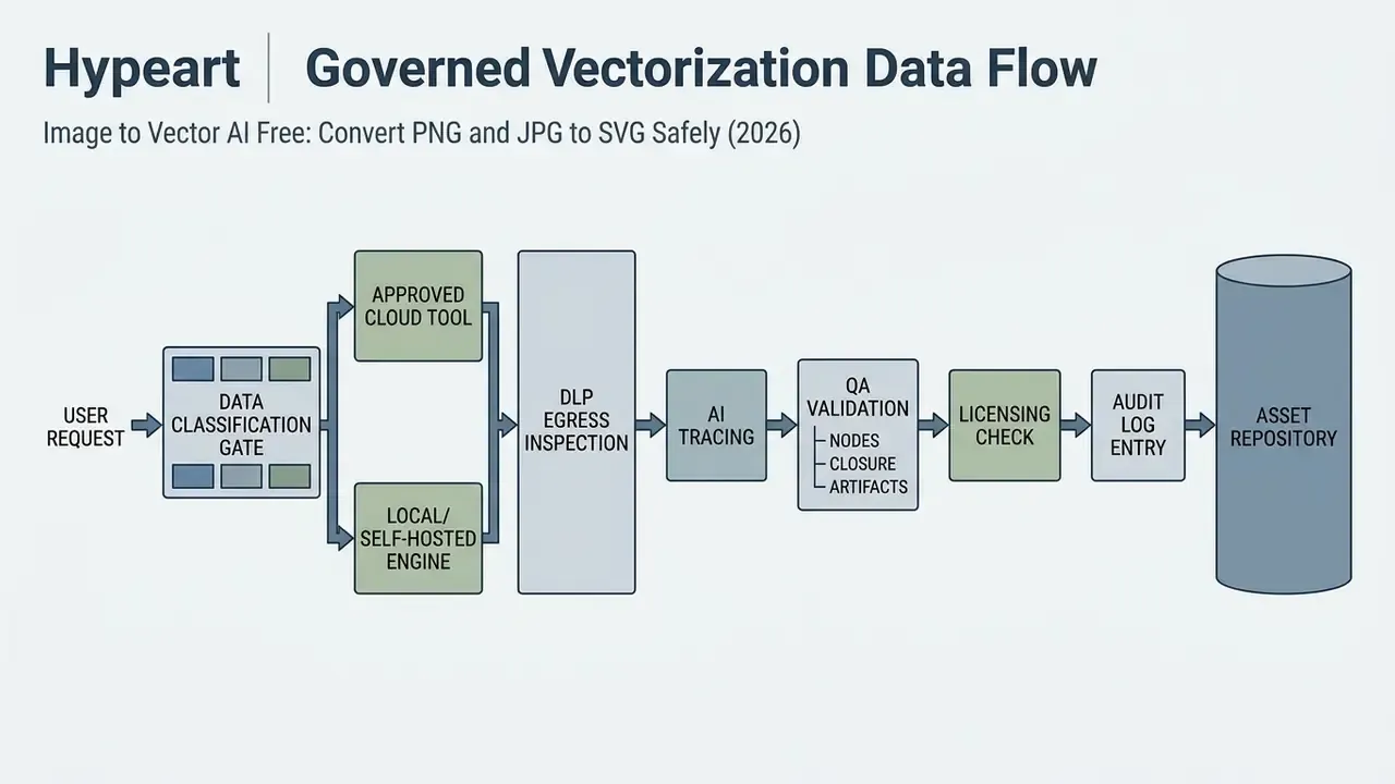Step-by-step flowchart illustrating a secure data pipeline for image to vector AI conversion processes