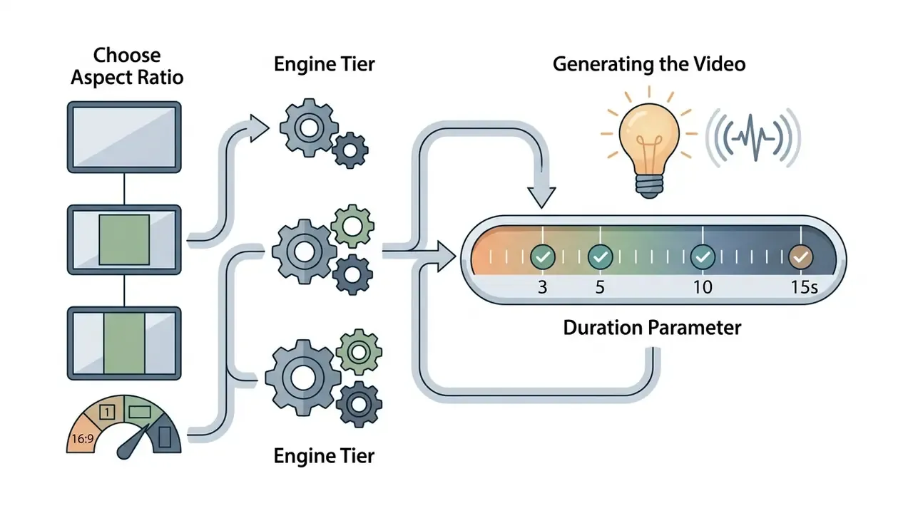 Aspect ratio settings and engine tiers flowing into a duration slider for a free AI video generator
