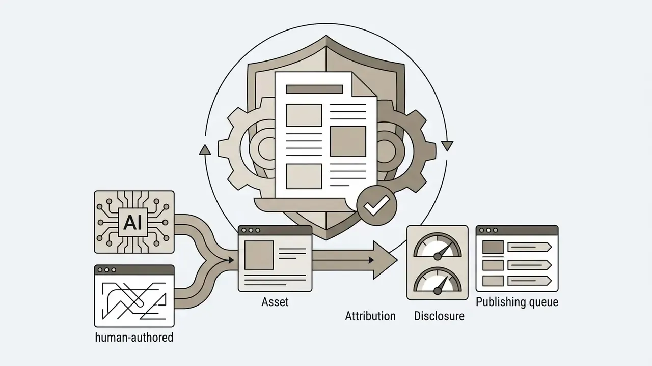 AI and human-authored inputs merging into a protected asset flowing toward attribution and publishing