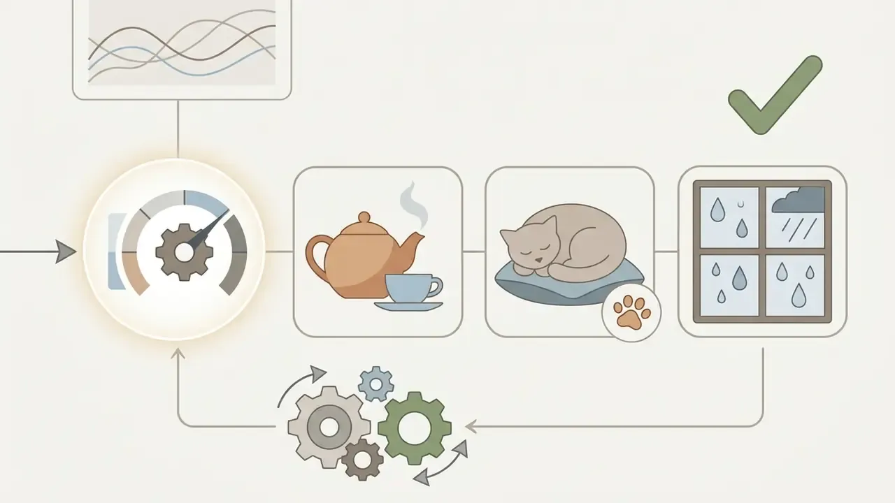 Gear gauge feeding into icons of a teapot, a sleeping cat, and a rainy window with a checkmark