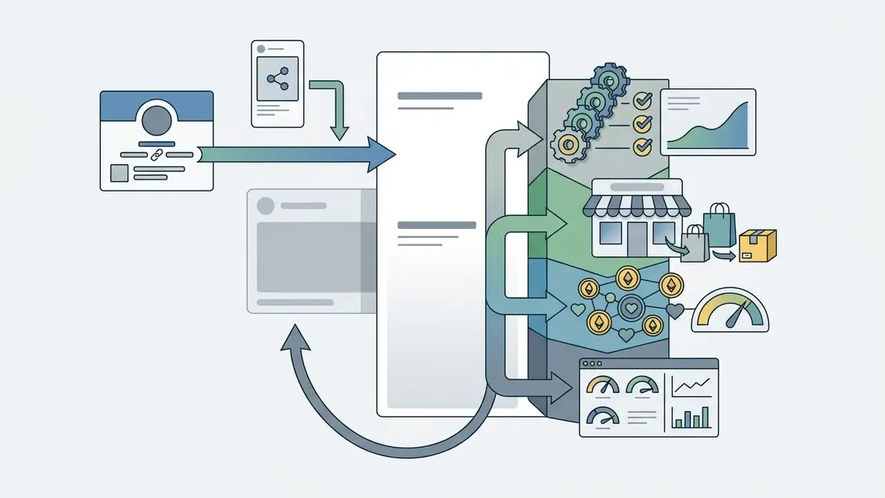 Social media profile links feeding into a multi-layered system for storefronts and community engagement