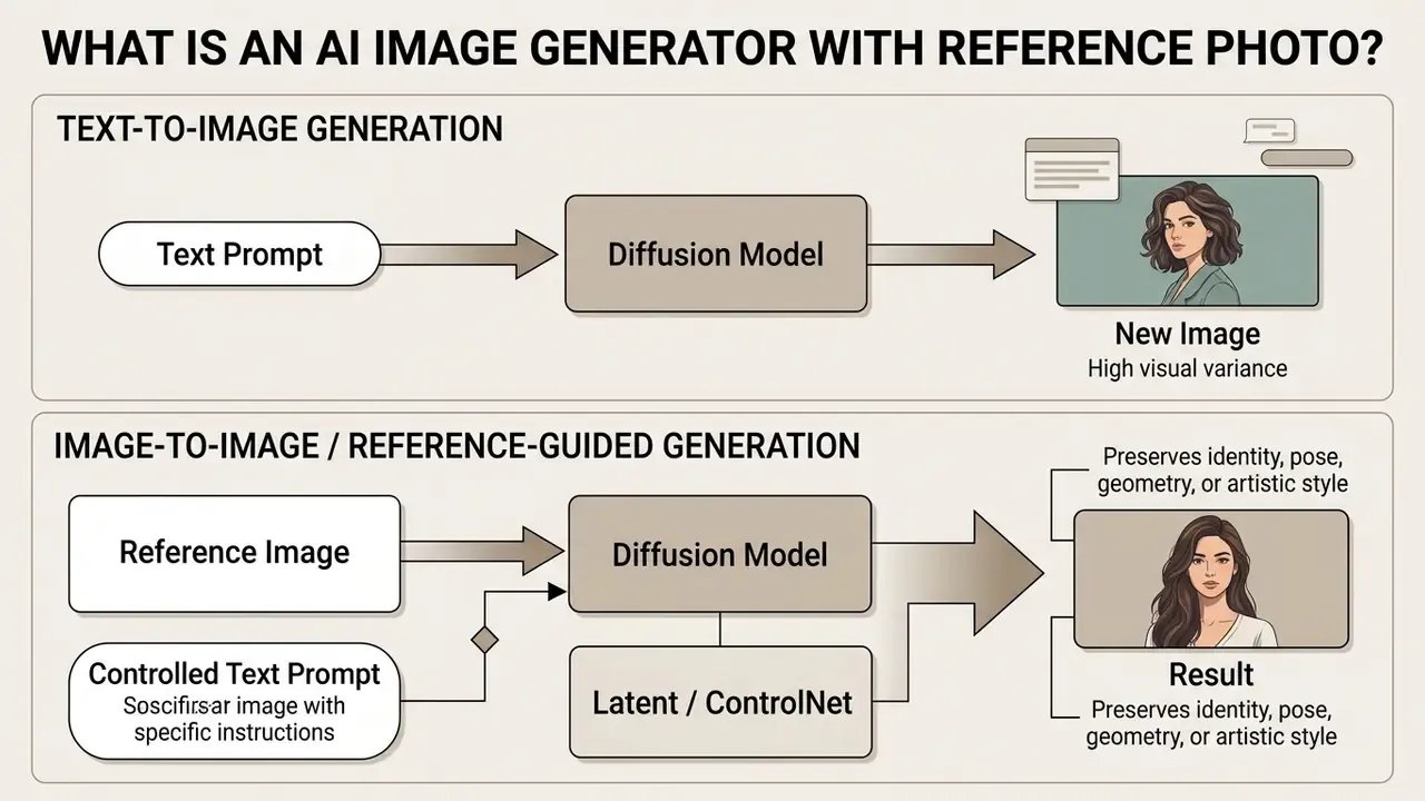 Flowchart comparing standard text-to-image generation with reference-guided image-to-image processes