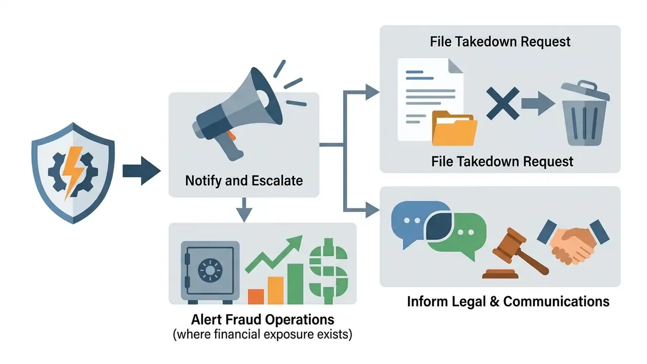 Shield icon pointing to a megaphone that branches into takedown requests and legal communication steps