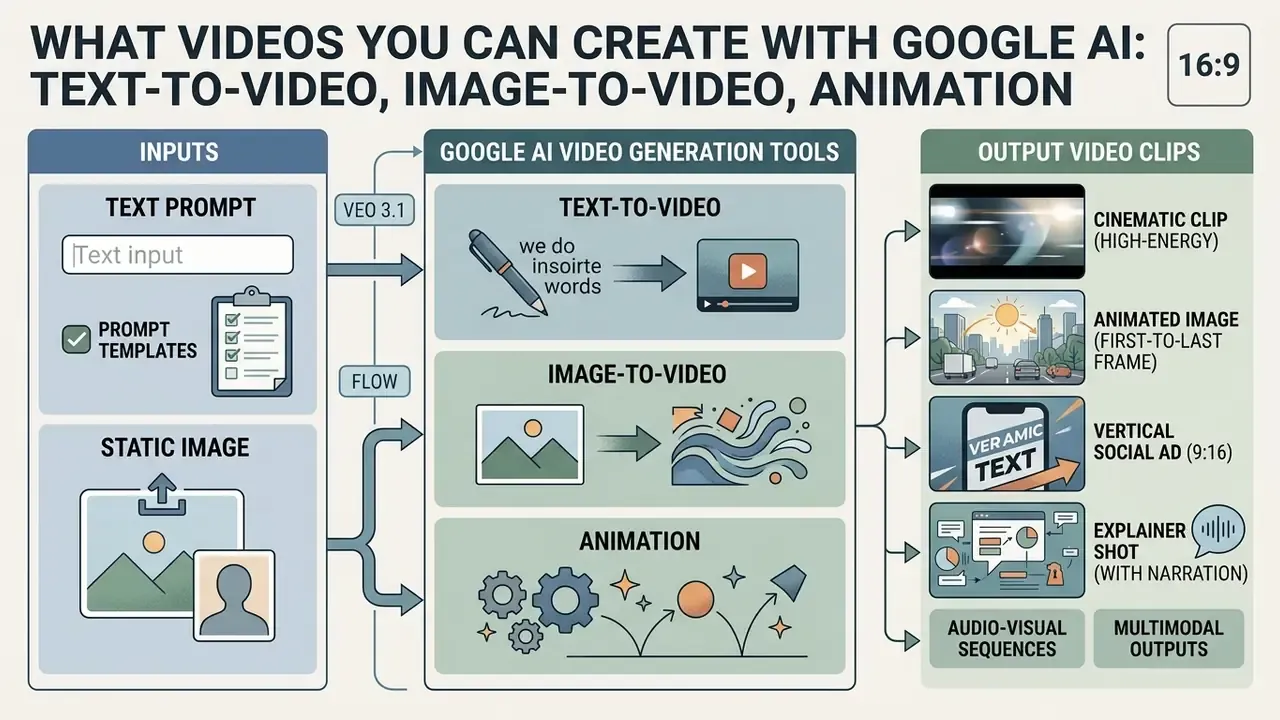 Flowchart showing how Google AI transforms text or image inputs into various video and animation formats