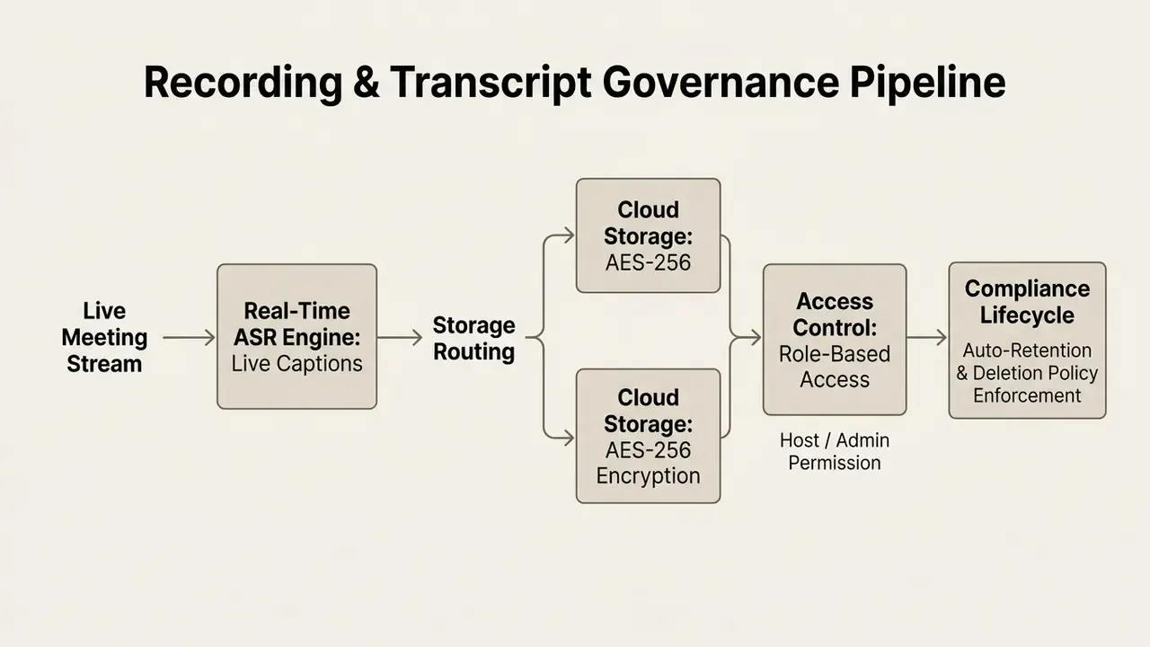 Process flow diagram showing data steps from live meeting stream to storage and compliance enforcement