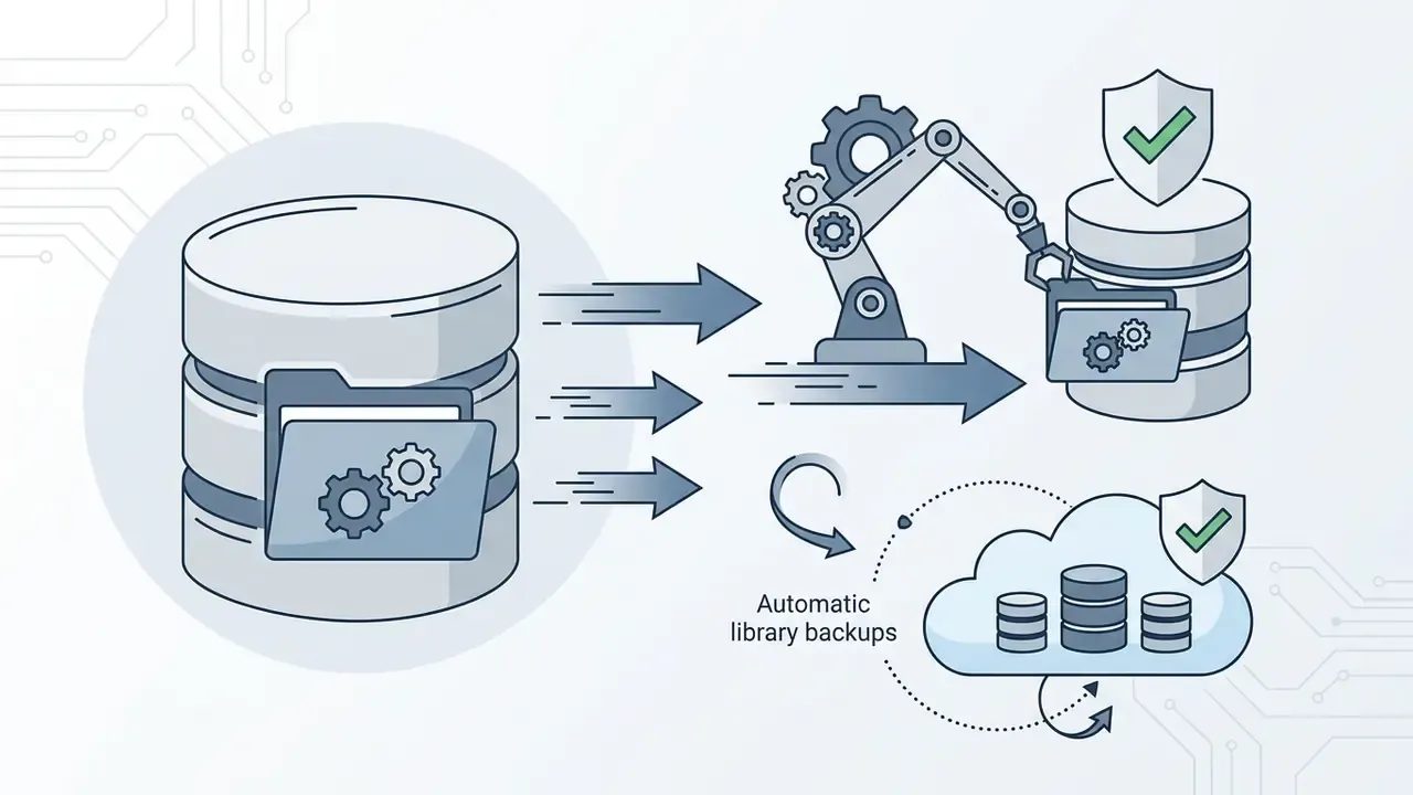 Robotic arm moving a project folder to a secure storage drive with automatic cloud backup icons