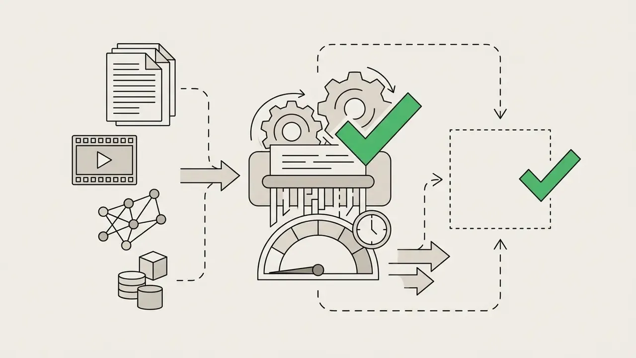 Documents and video data being fed into a shredder mechanism to confirm complete deletion and removal
