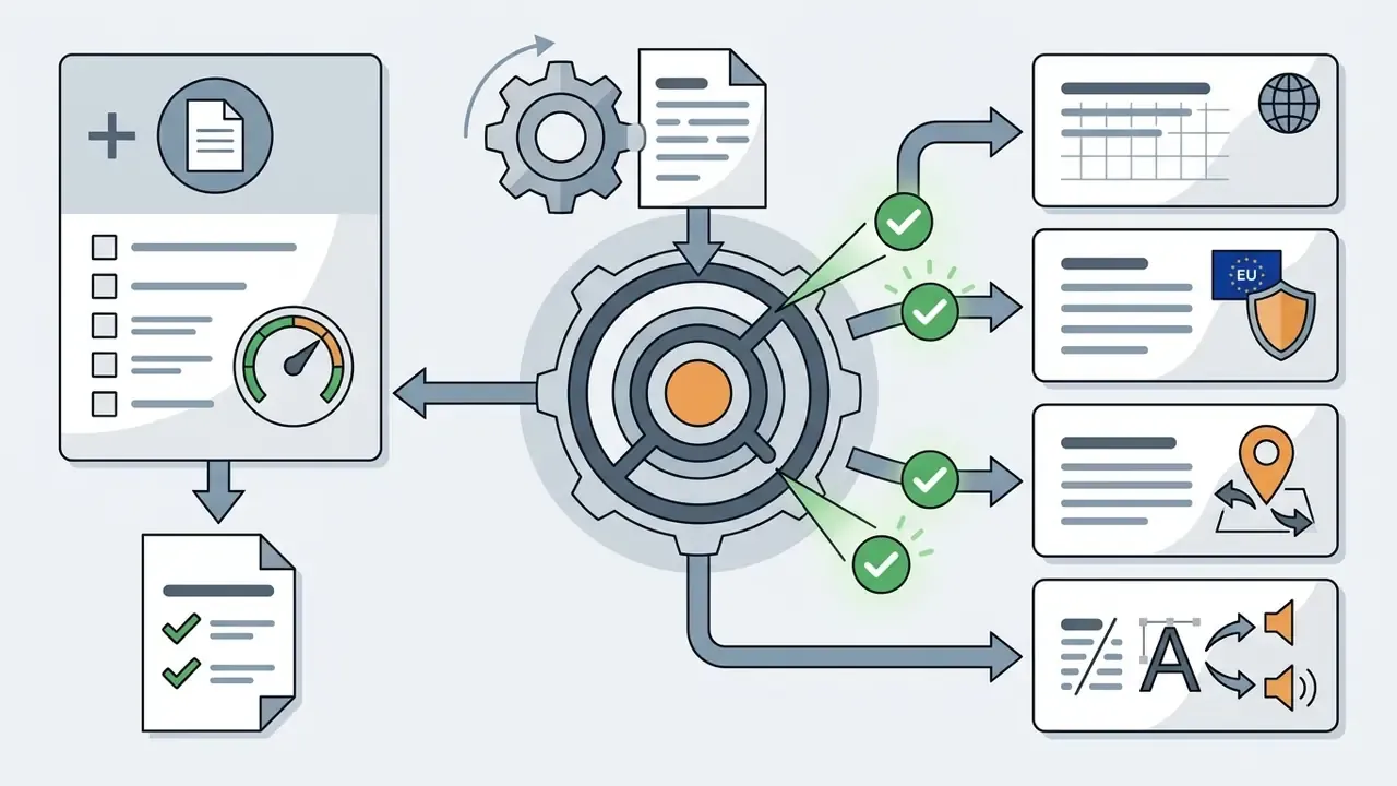 Central gear system processing document inputs into diverse output categories with status checkmarks