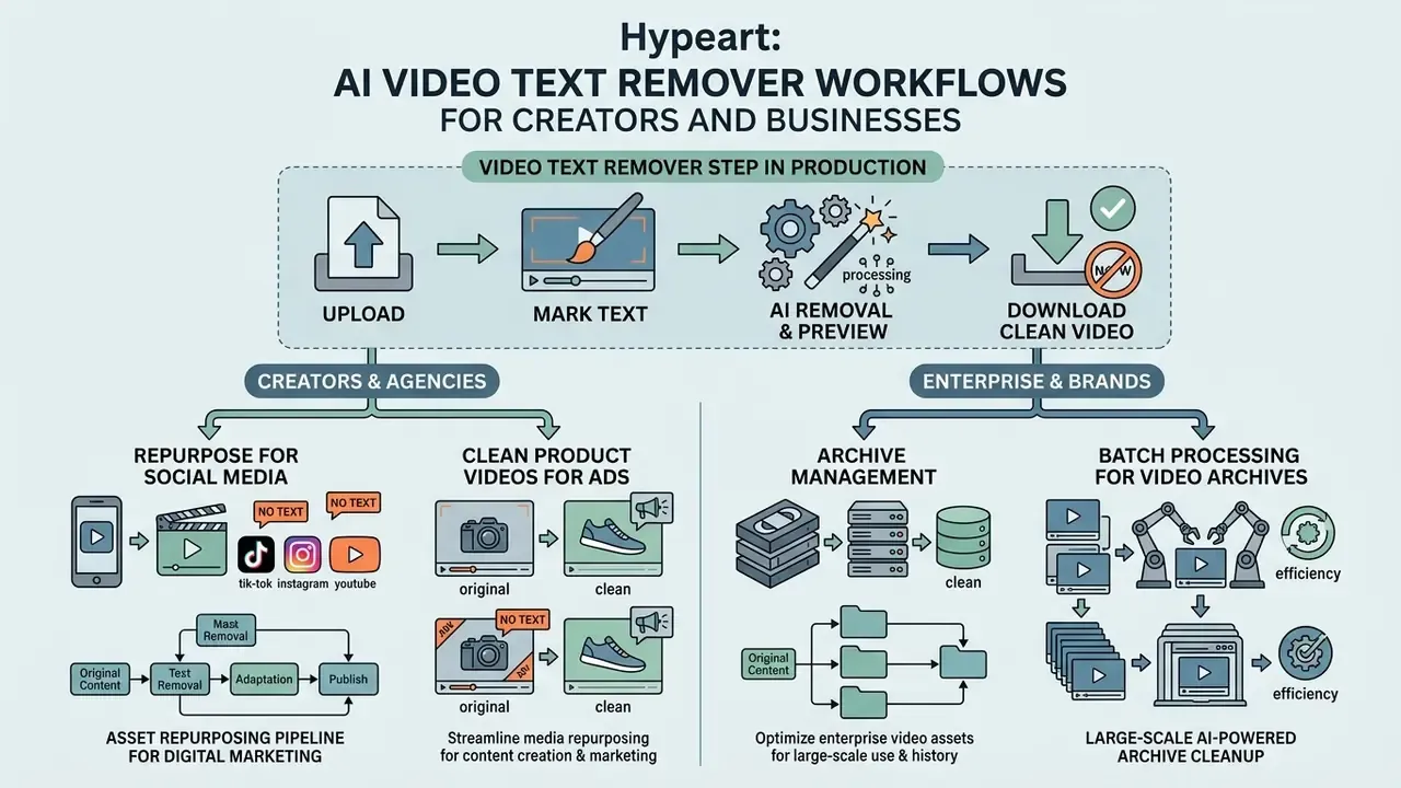 Flowchart detailing the AI video text removal process for individual creators and enterprise businesses