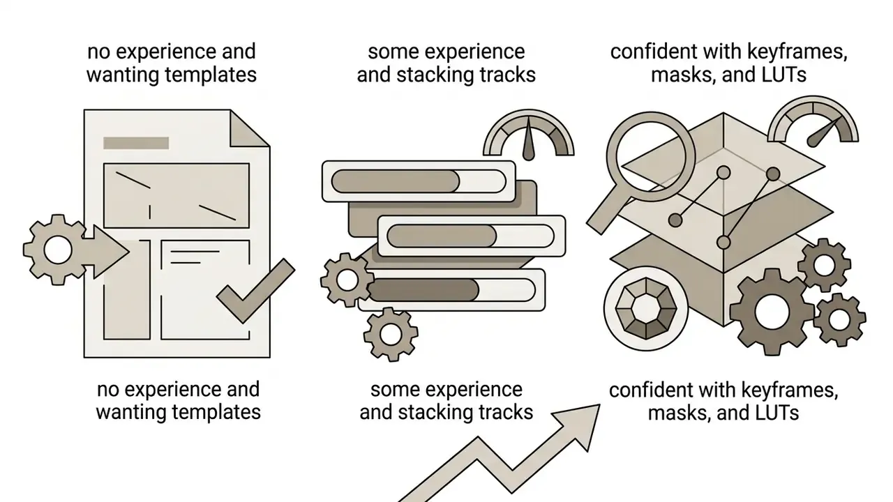 Three icons representing skill levels for good video editing apps from template use to advanced layering