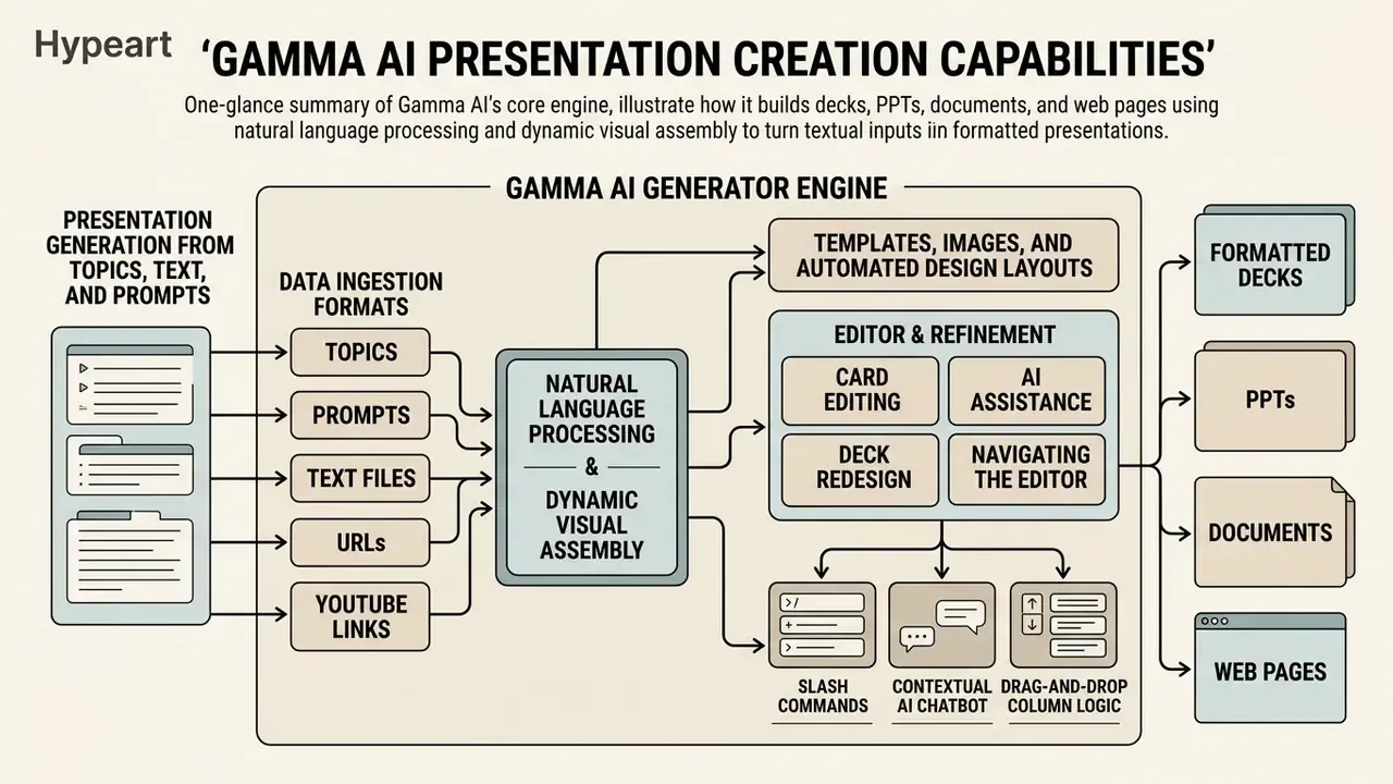 Diagram showing how the Gamma AI generator engine processes various inputs into formatted digital outputs