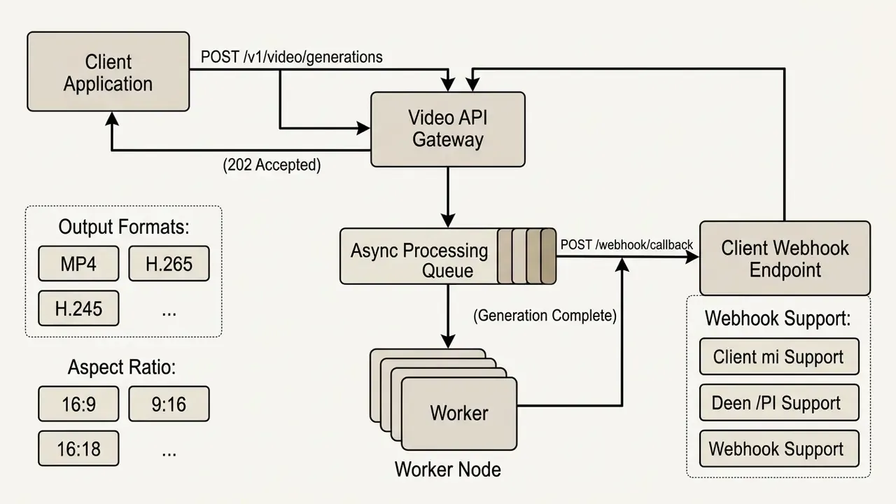 System architecture diagram showing asynchronous video generation requests and webhook callbacks