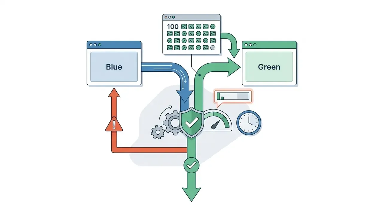 Blue and green environment traffic flow diagram with automated canary health checks and rollback logic