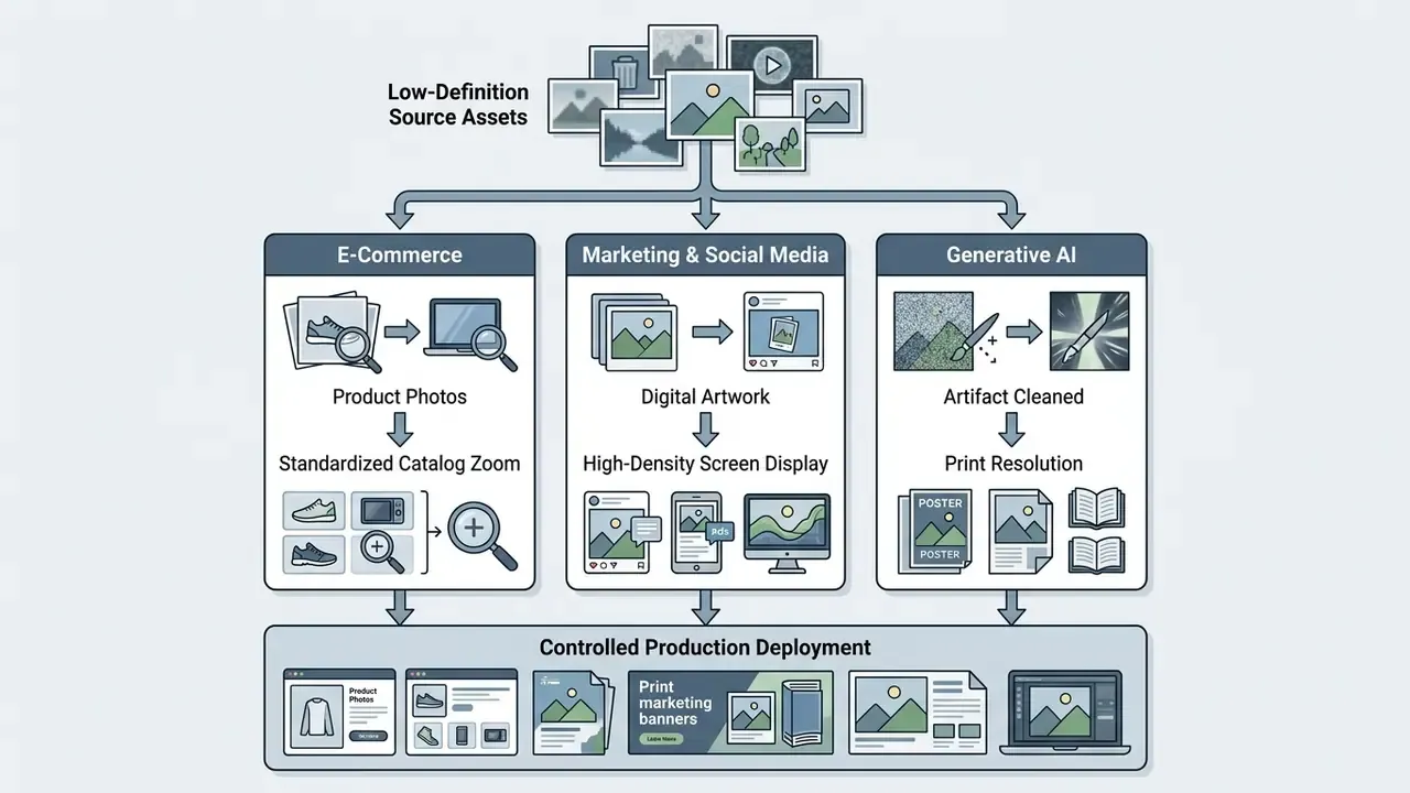 Diagram showing how low-definition source assets are processed for e-commerce, marketing, and print