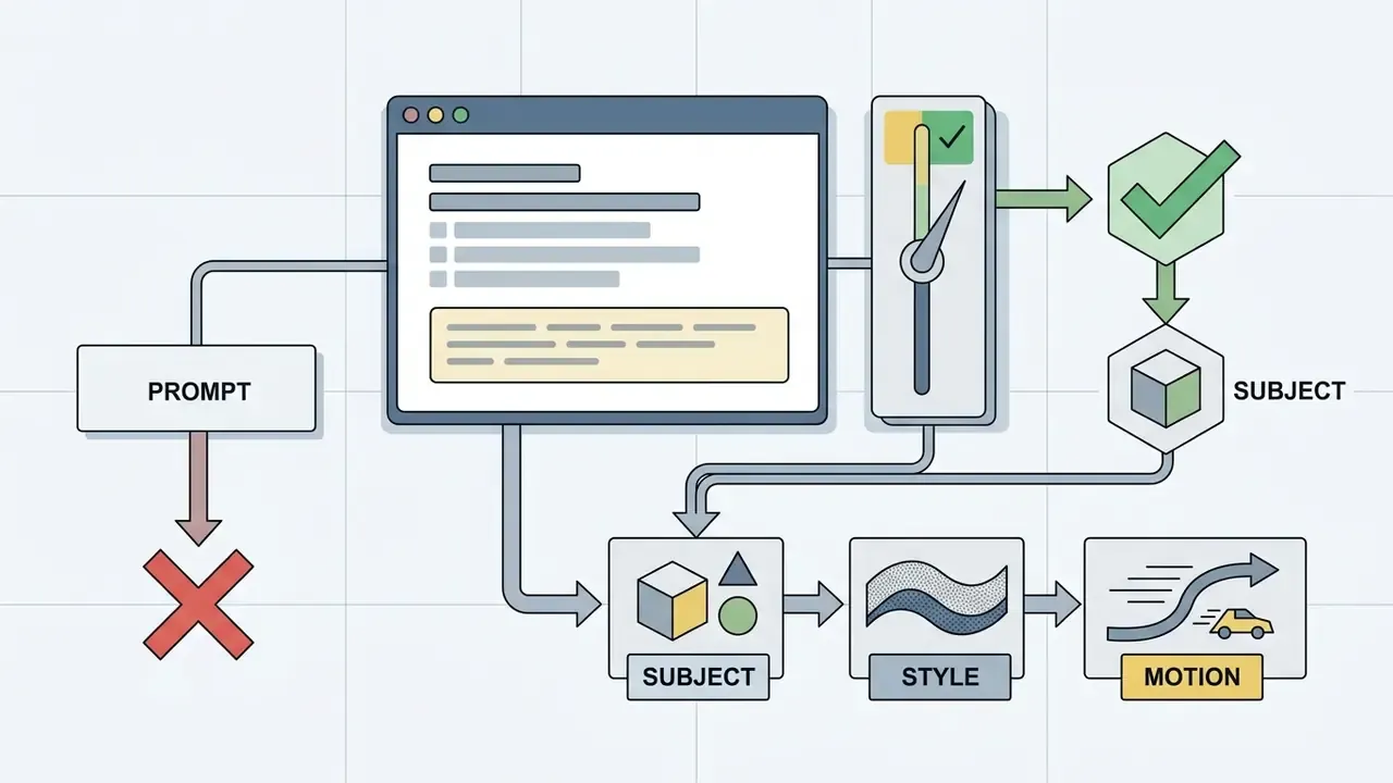 Input prompt path branching into filtered and successful sequences for subject, style, and motion