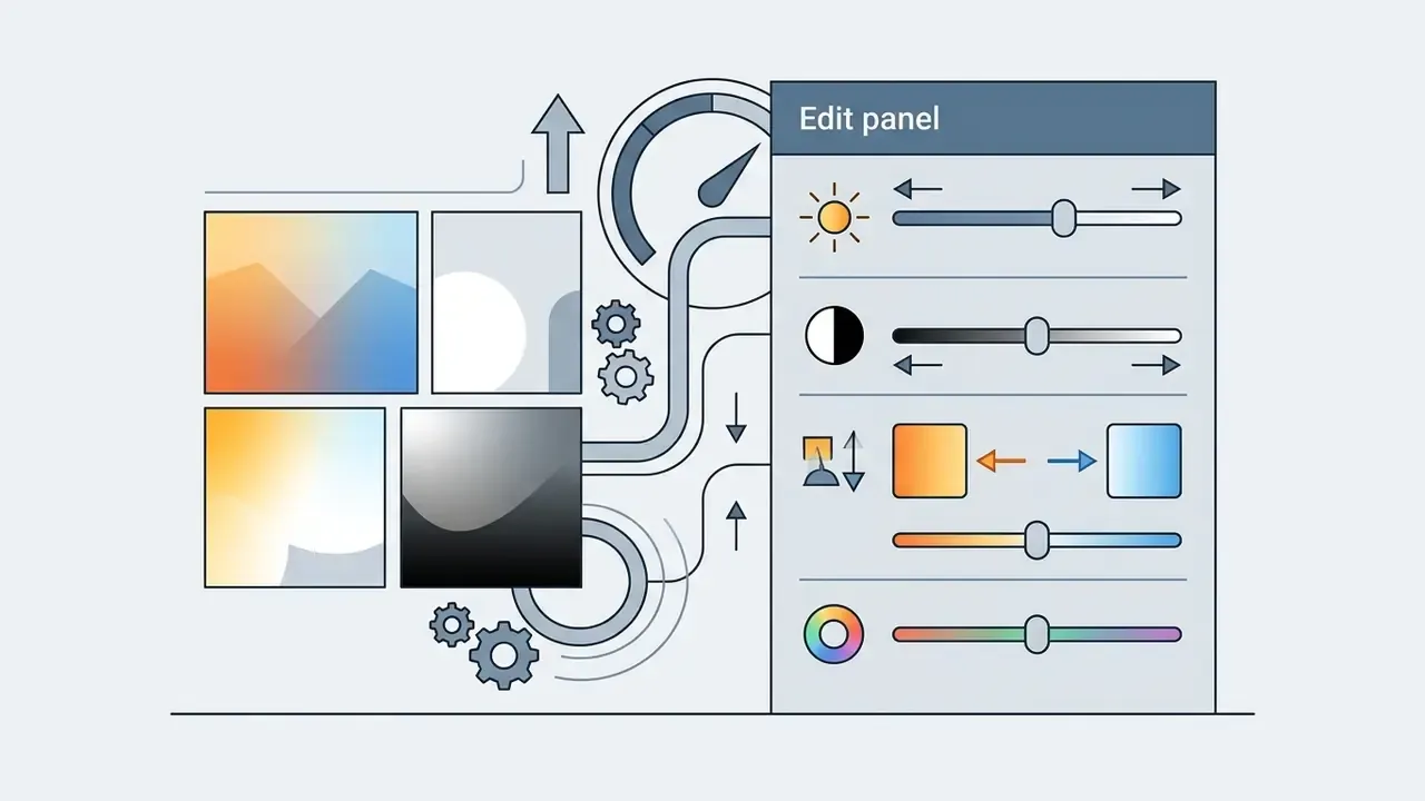 Four image thumbnails connected to a control panel with sliders for exposure, contrast, and color