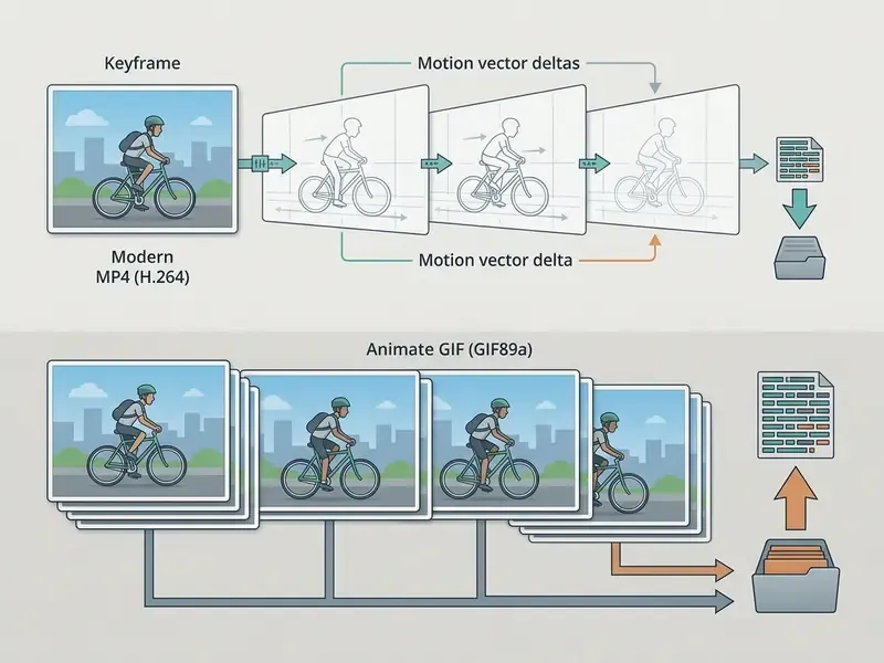 Comparison showing how MP4 uses motion vectors while GIF stores every full frame for animation