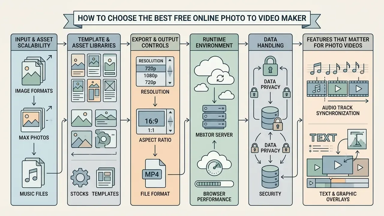 Sequential infographic outlining key criteria for evaluating an online photo to video maker