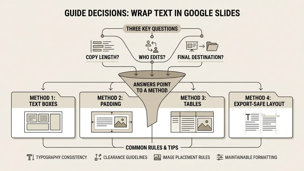Flowchart showing how three key questions lead to four specific methods for wrapping text in Google Slides