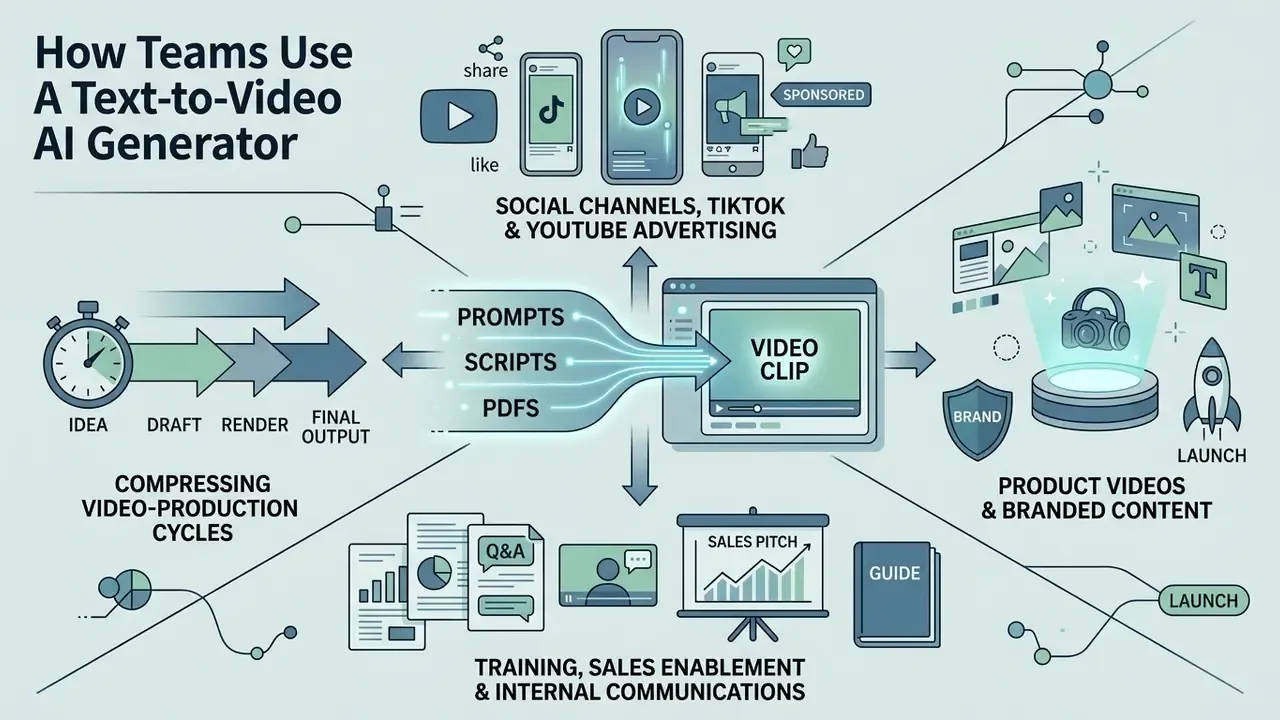 Infographic showing how various business teams utilize automated video production for diverse workflows