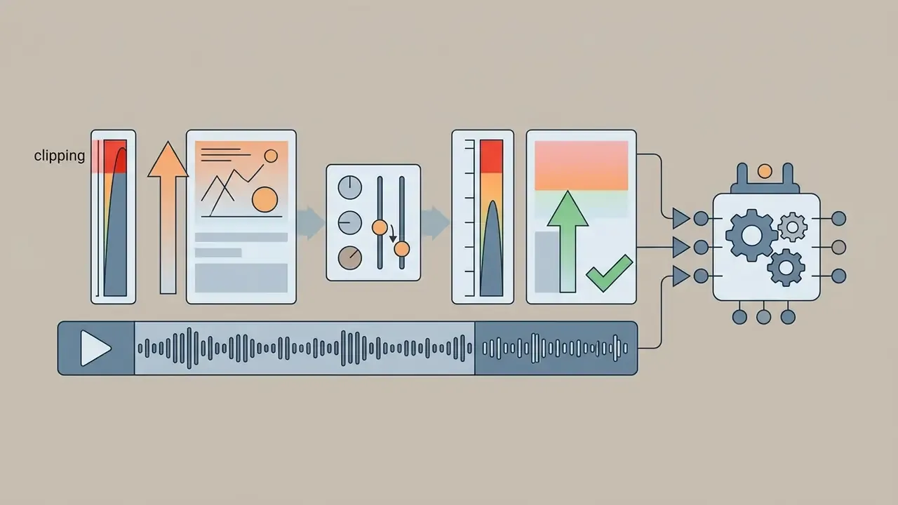 Visual sequence showing highlight adjustment sliders and a waveform before processing by an AI engine