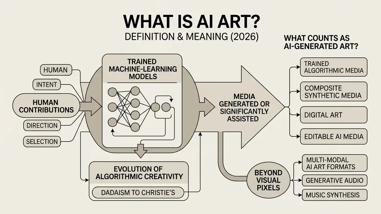 Flowchart showing human contributions feeding into machine learning models to create various AI art forms