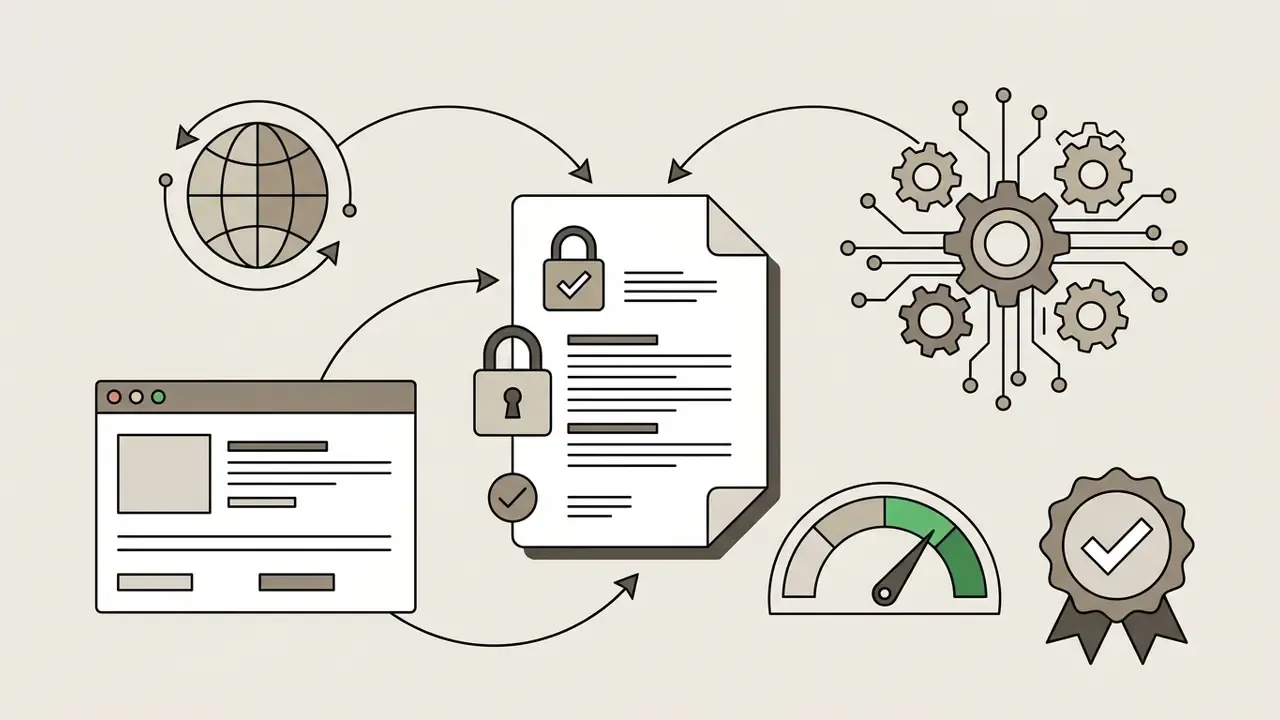 Globe and browser window feeding data into a document with locks, a gear processor, gauge, and badge