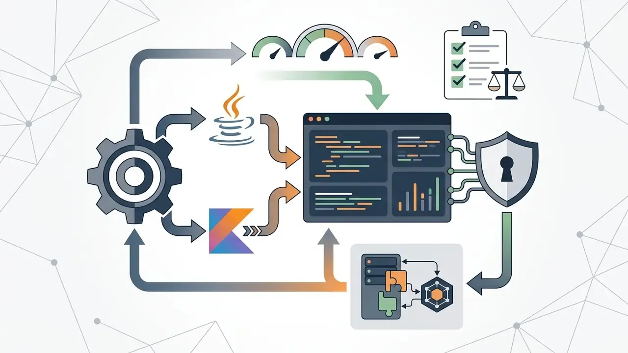 Gear mechanism feeding Java and Kotlin code into an IDE interface protected by a security shield