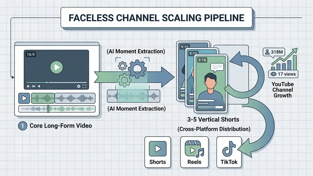 Workflow showing AI extraction of long-form video segments into multiple vertical Shorts for growth