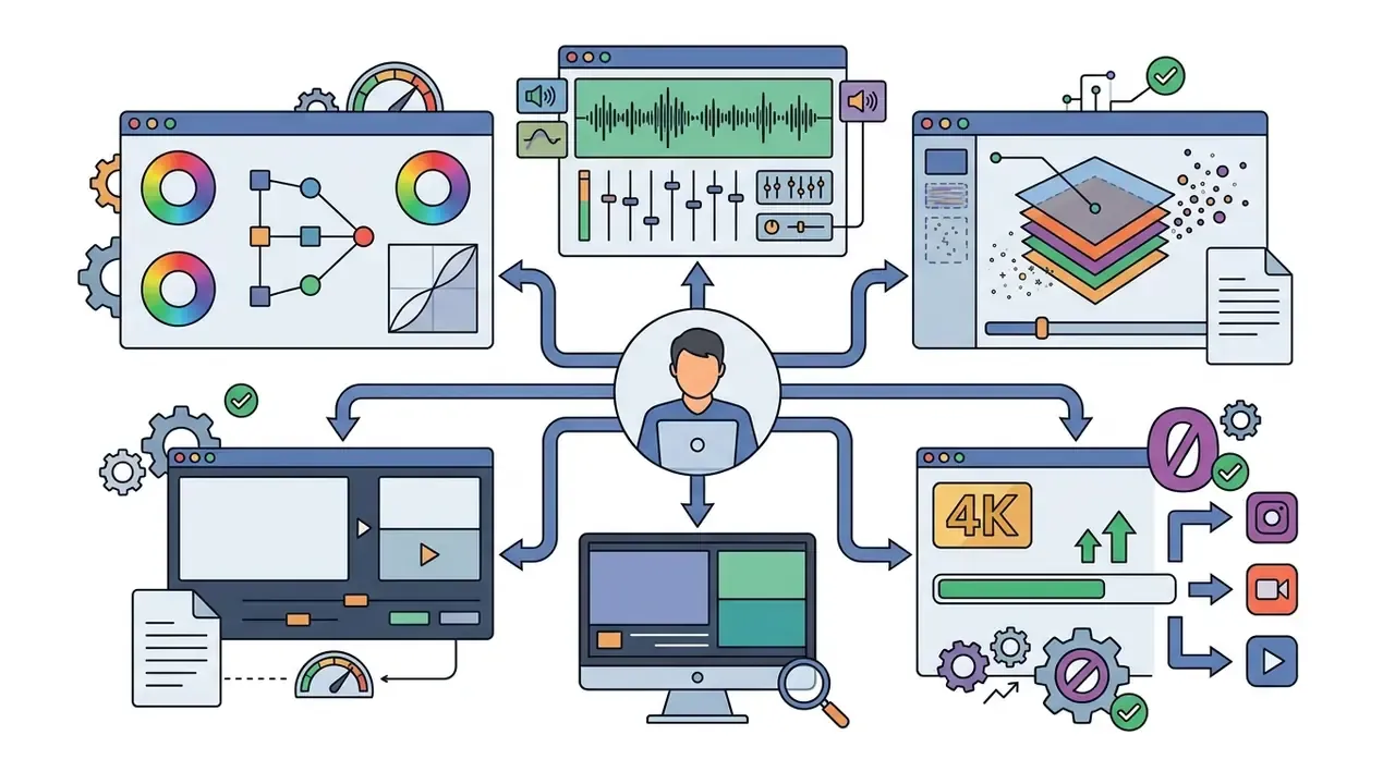 User at a computer connecting to panels for color grading, audio mixing, visual effects, and 4K video export