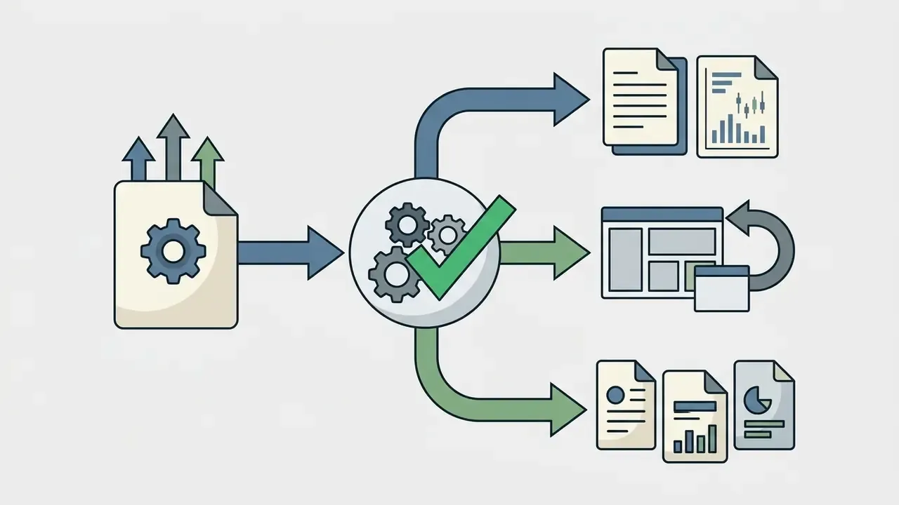 Document with gear icon feeding into a central processor that exports data to files and CMS interfaces