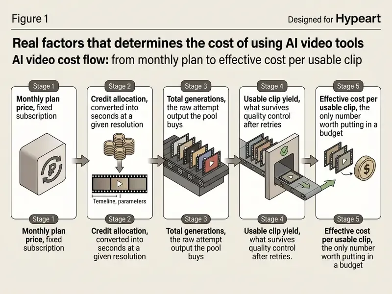 Five sequential stages showing how monthly subscription costs transform into the effective price per usable AI video clip
