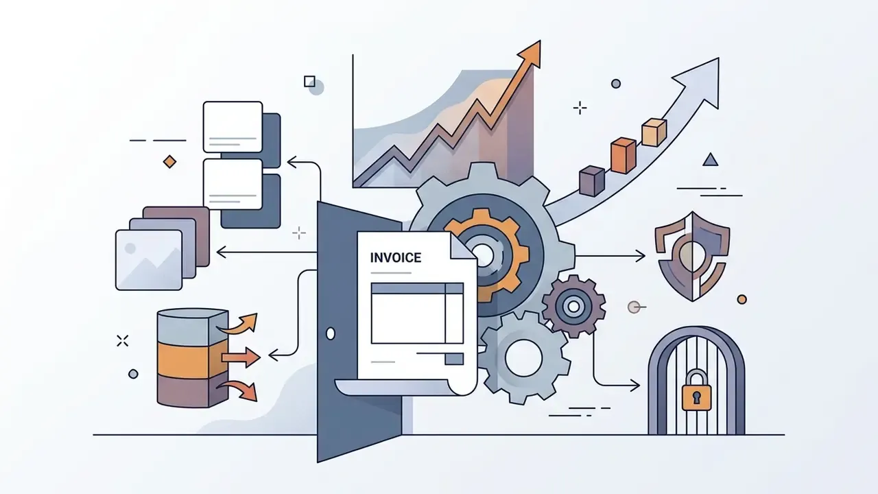 Invoice document emerging from a door into a gear system linked to rising charts and gated security icons