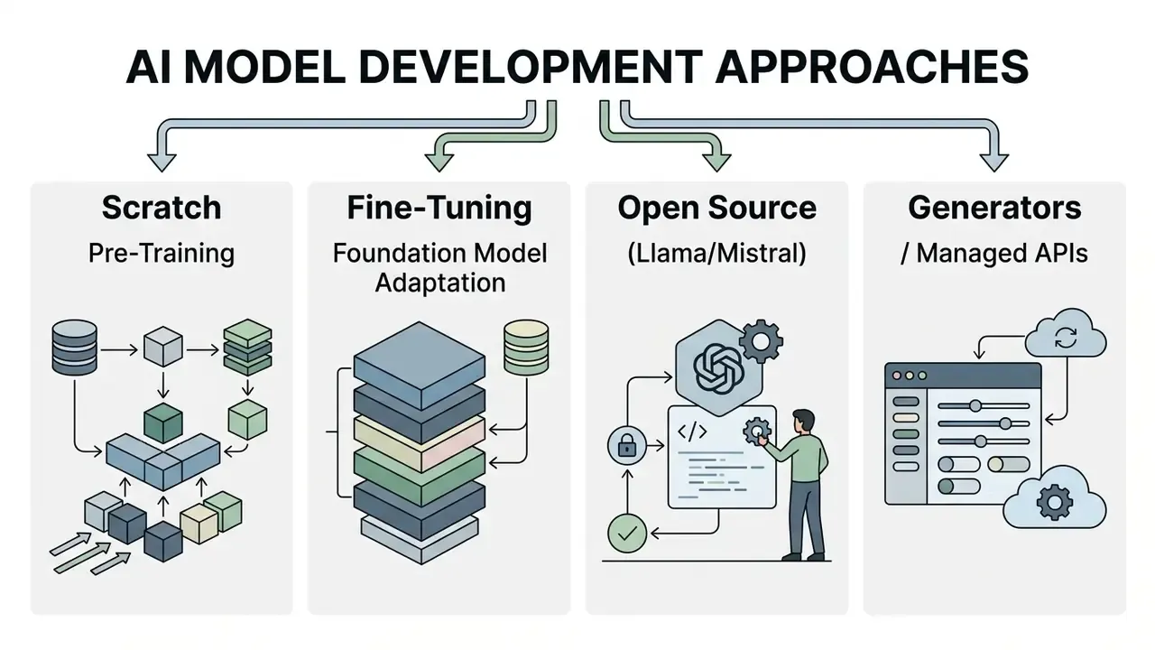 Four distinct paths for how to create an AI model including pre-training, fine-tuning, and managed APIs