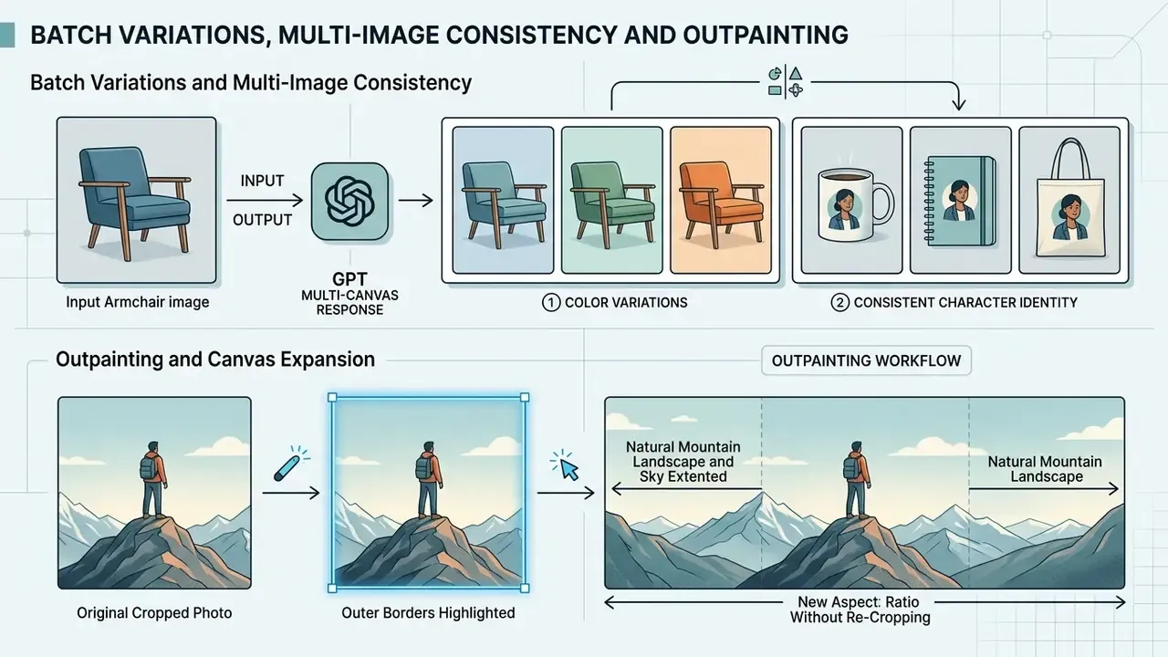 Diagram showing workflows for generating image variations and expanding canvas borders with AI