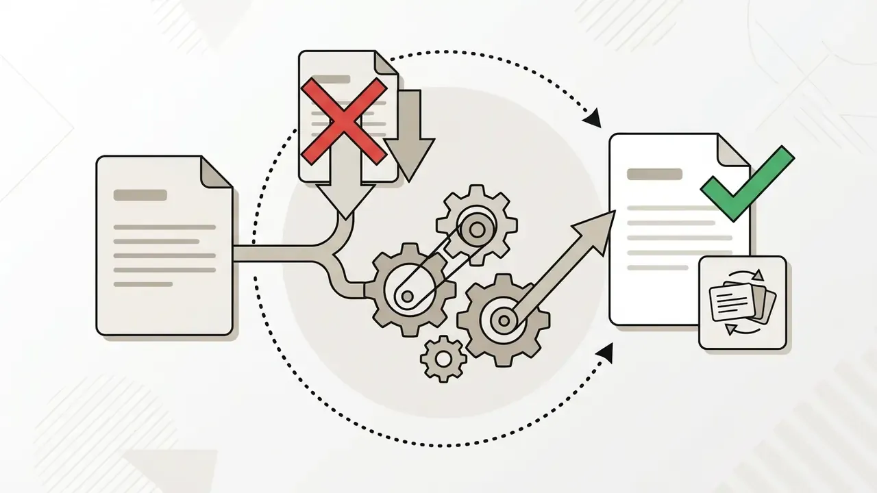 Document icons and gears showing a process of filtering out rejected files to produce validated output