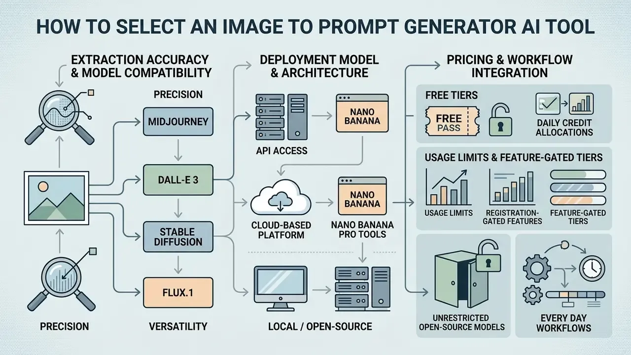 Flowchart mapping criteria for evaluating generative models, deployment architectures, and pricing structures