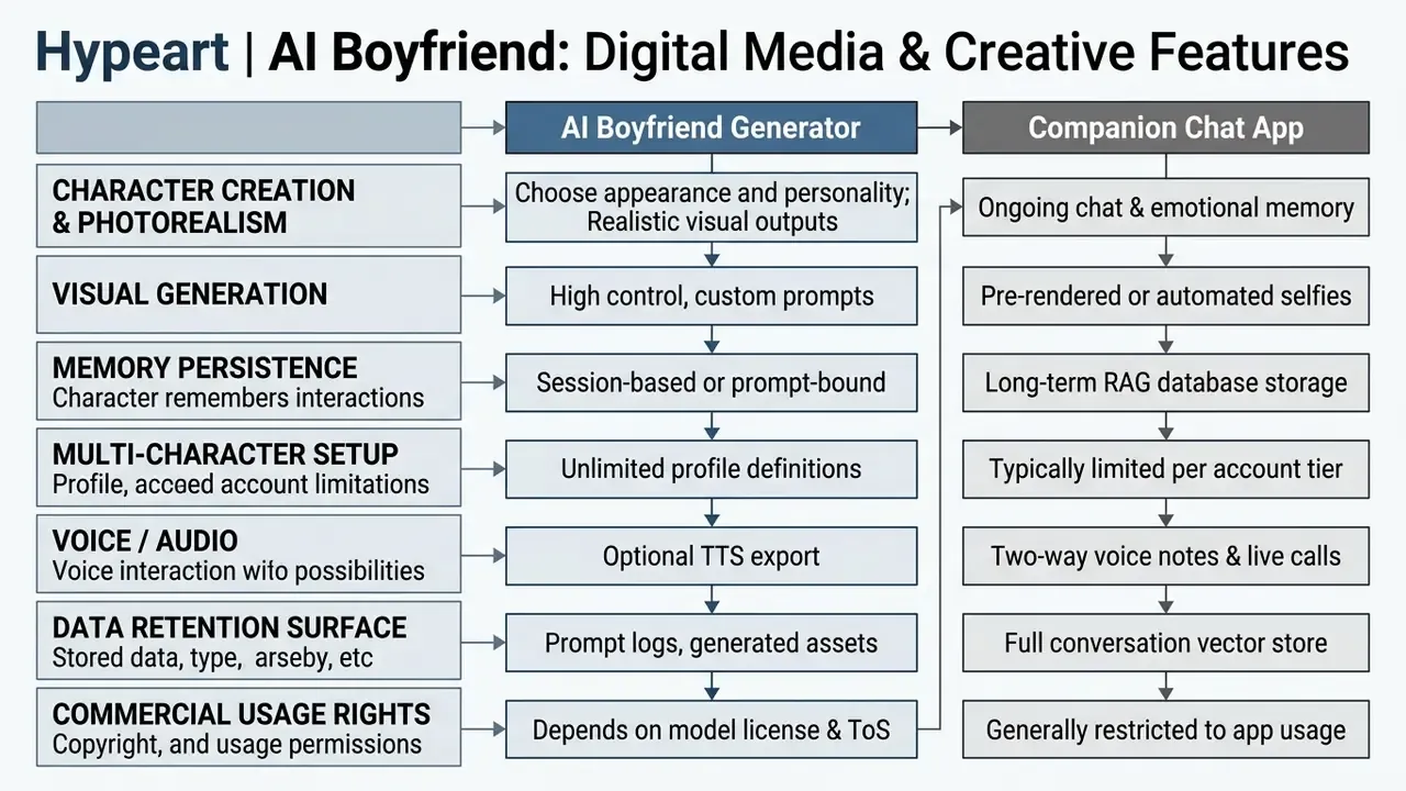 Comparative table outlining creative features and technical specifications for digital companion software