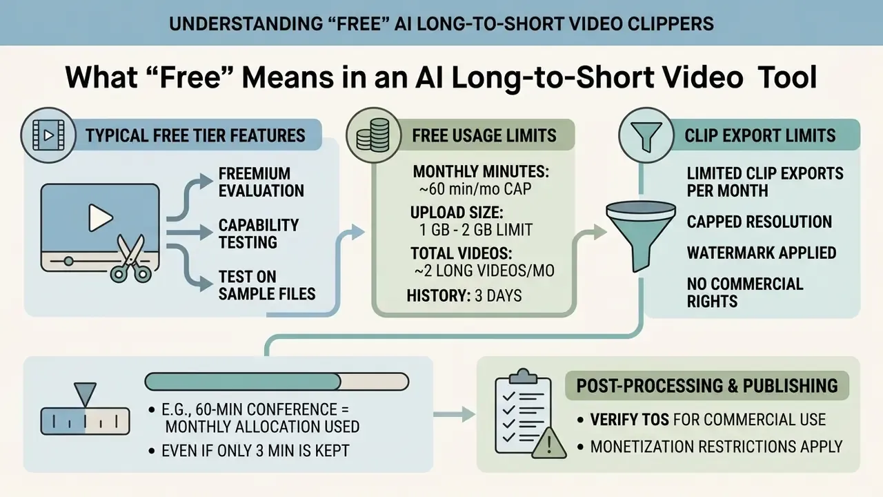 Infographic detailing free usage limits, export restrictions, and processing constraints for AI video tools
