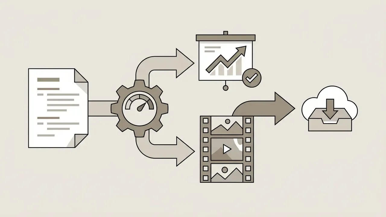 Document feeding into a processing gear that outputs presentation slides and video files to the cloud