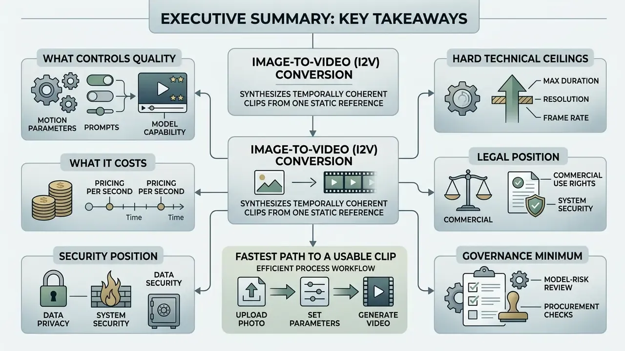 Flowchart outlining key considerations for image to video AI including quality, costs, and governance