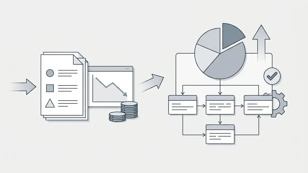 Documents with declining cost trends transitioning into a structured pie chart and operational process flow