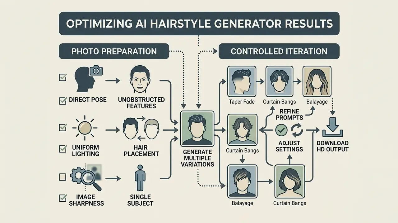 Flowchart showing photo preparation steps and an iterative process for refining hair style variations