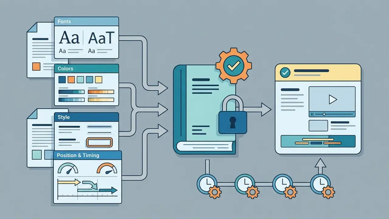 Design elements feeding into a locked brand book to create consistent video subtitle templates