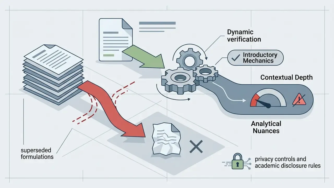 Documents moving through gears to a gauge measuring mechanics versus contextual depth and analytical nuance